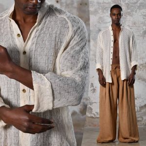 White Boho Funky Organic Cotton Shirt Hand Woven