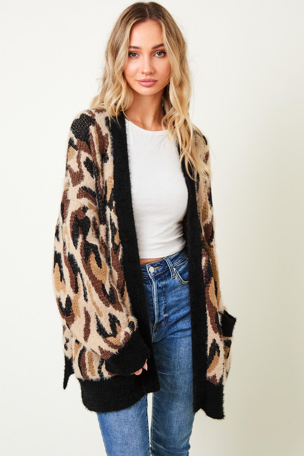 Leopard Print Cardigan: Fuzzy Long Sleeve Animal Sweater