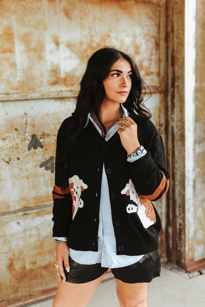 Black Western Style Cardigan: Texas Cowgirl Highland Cow